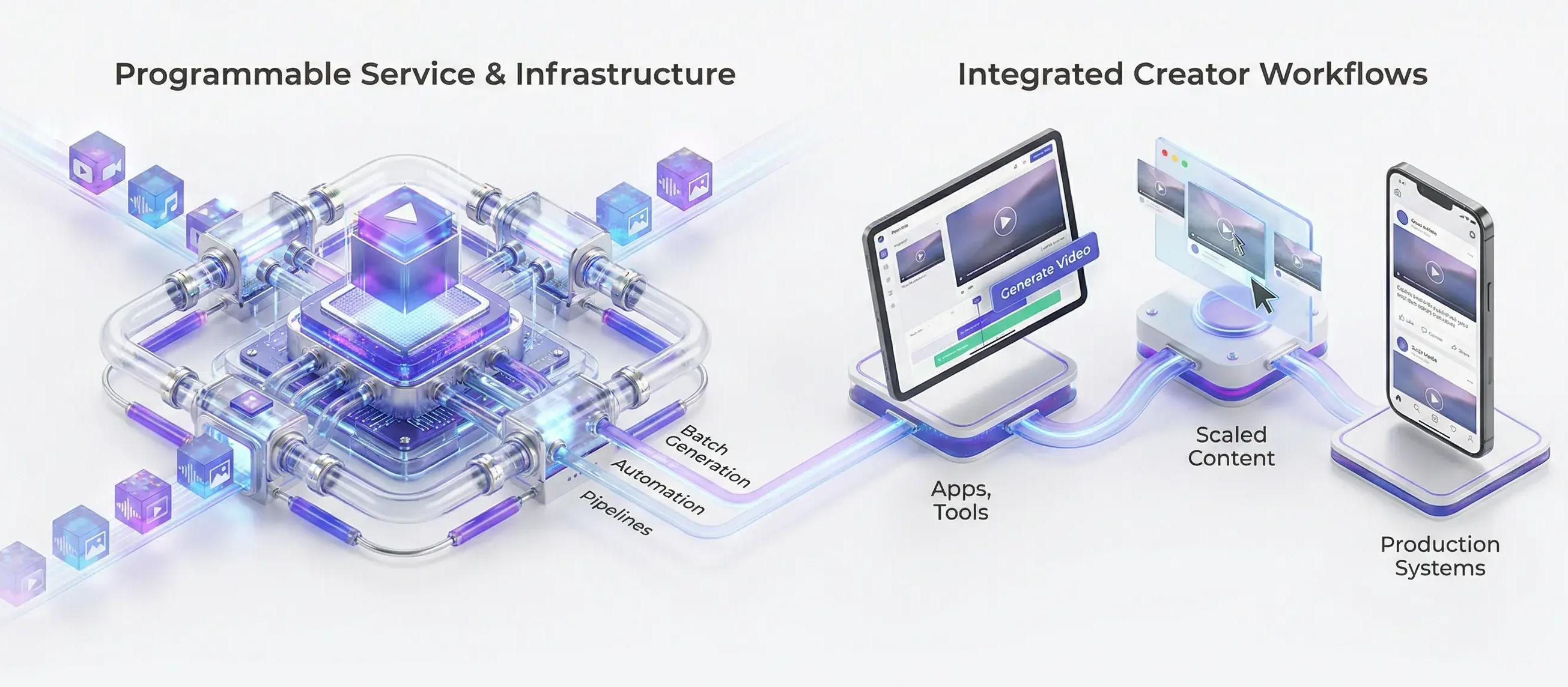 Video pipeline illustration: programmable infrastructure feeding creator workflows