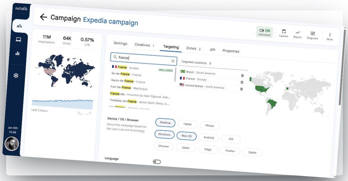 Ad server campaign dashboard with impressions, clicks, CTR, geo and device targeting