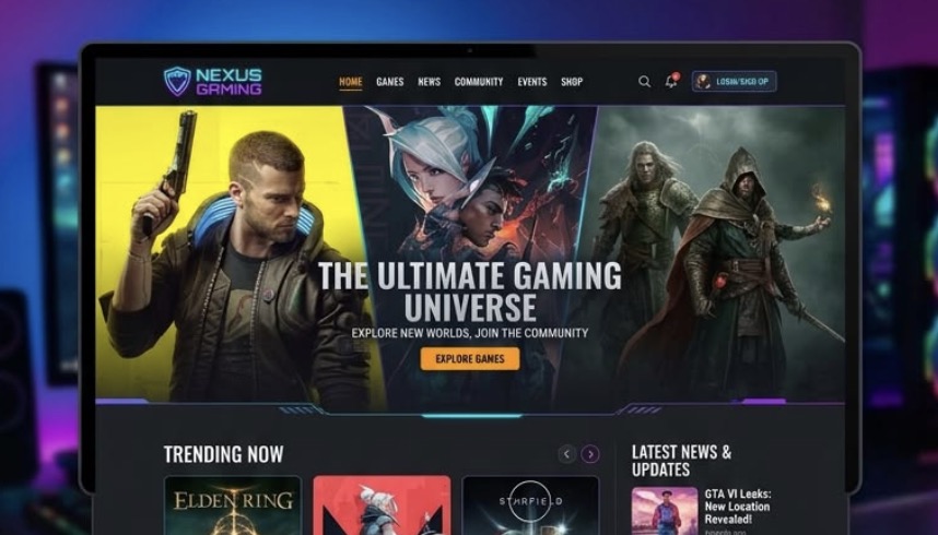 Gaming website home page mockup on a laptop