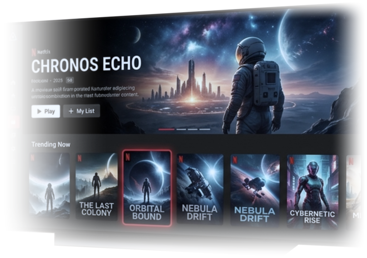 Smart TV showing a streaming app home screen with a sci-fi hero banner and a Trending Now row, blended into the background