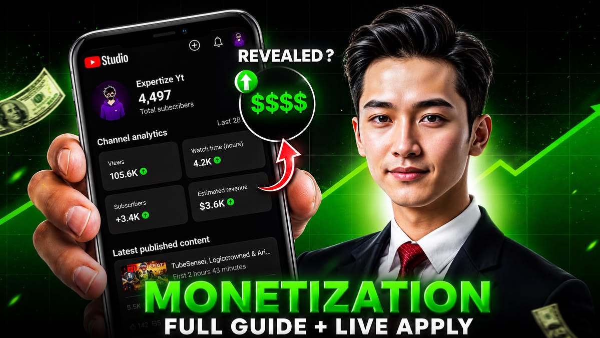 Monetization thumbnail: phone showing channel analytics and revenue