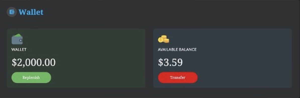 Wallet dashboard showing a Wallet balance of $2,000.00 with a Replenish button and an Available Balance of $3.59 with a Transfer button