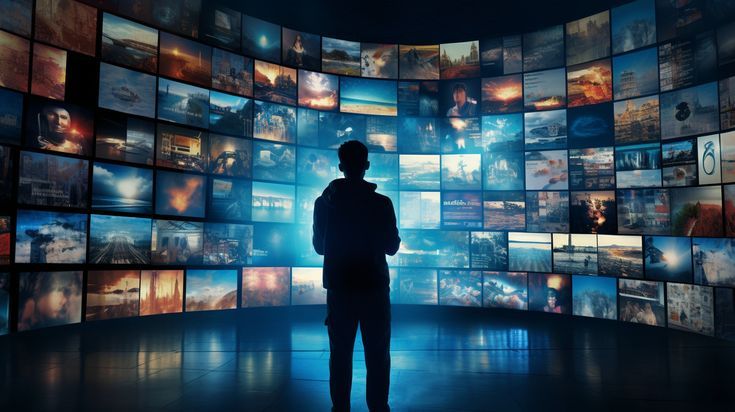 Person standing before a wall of video screens