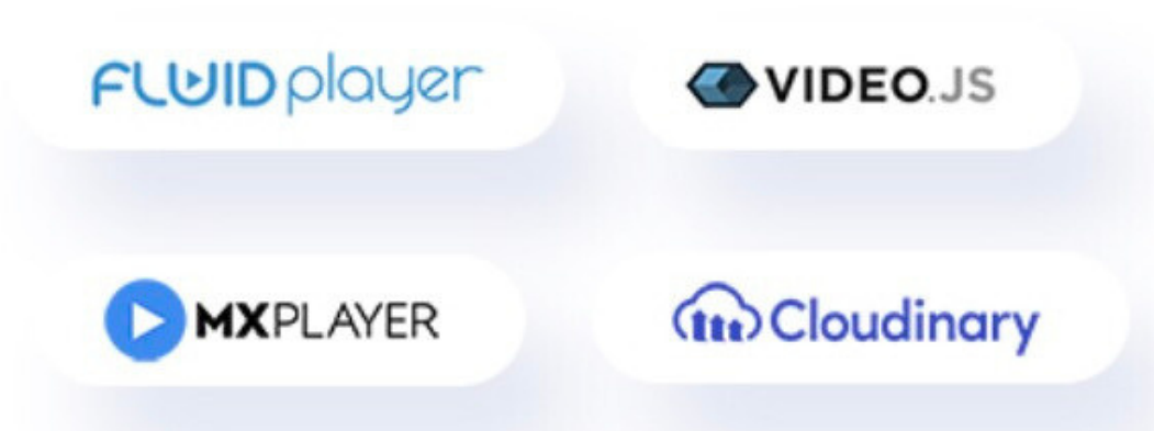 Fluid Player, Video.js, MX Player and Cloudinary logos