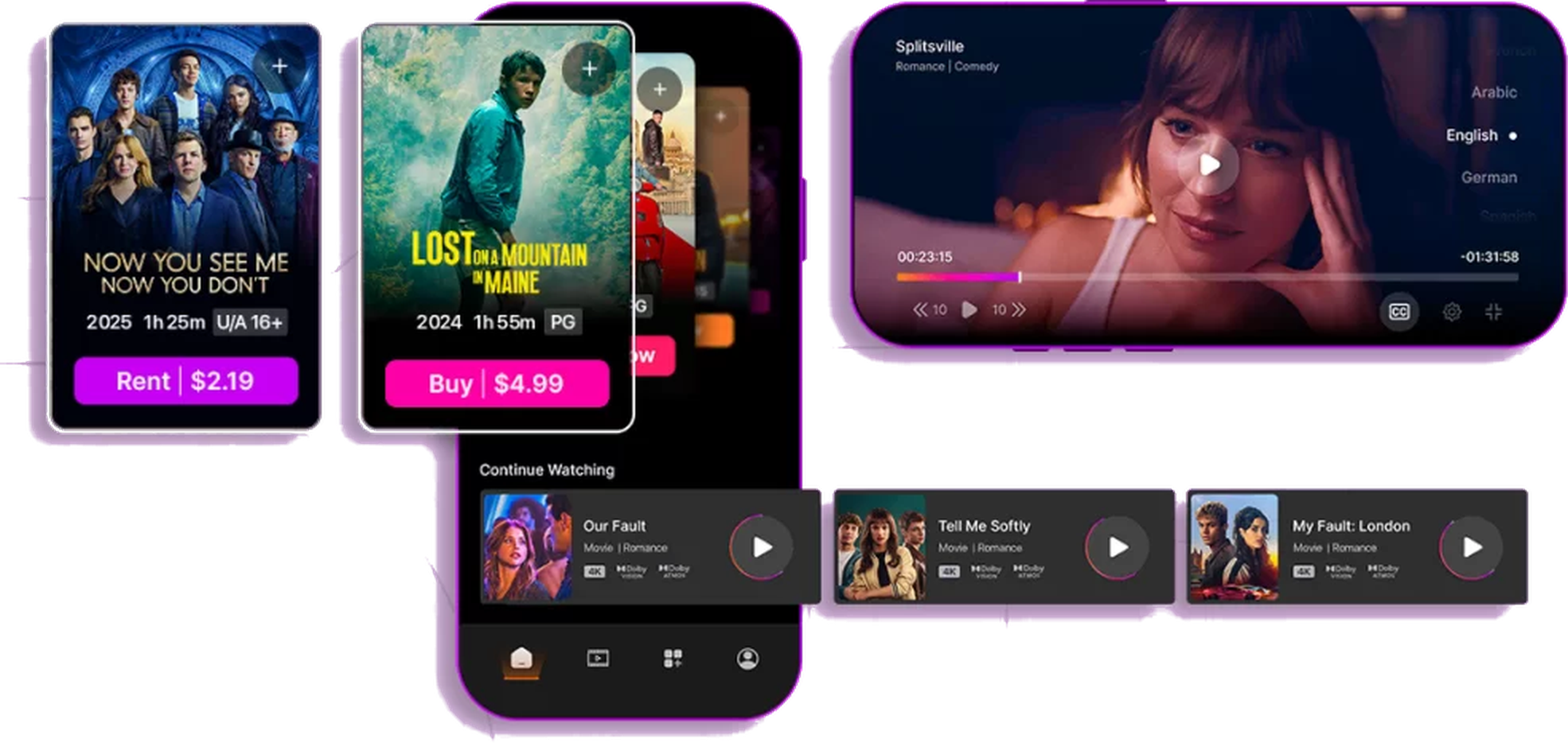 OTT mobile app mockup: rent and buy posters, continue-watching row and a landscape player