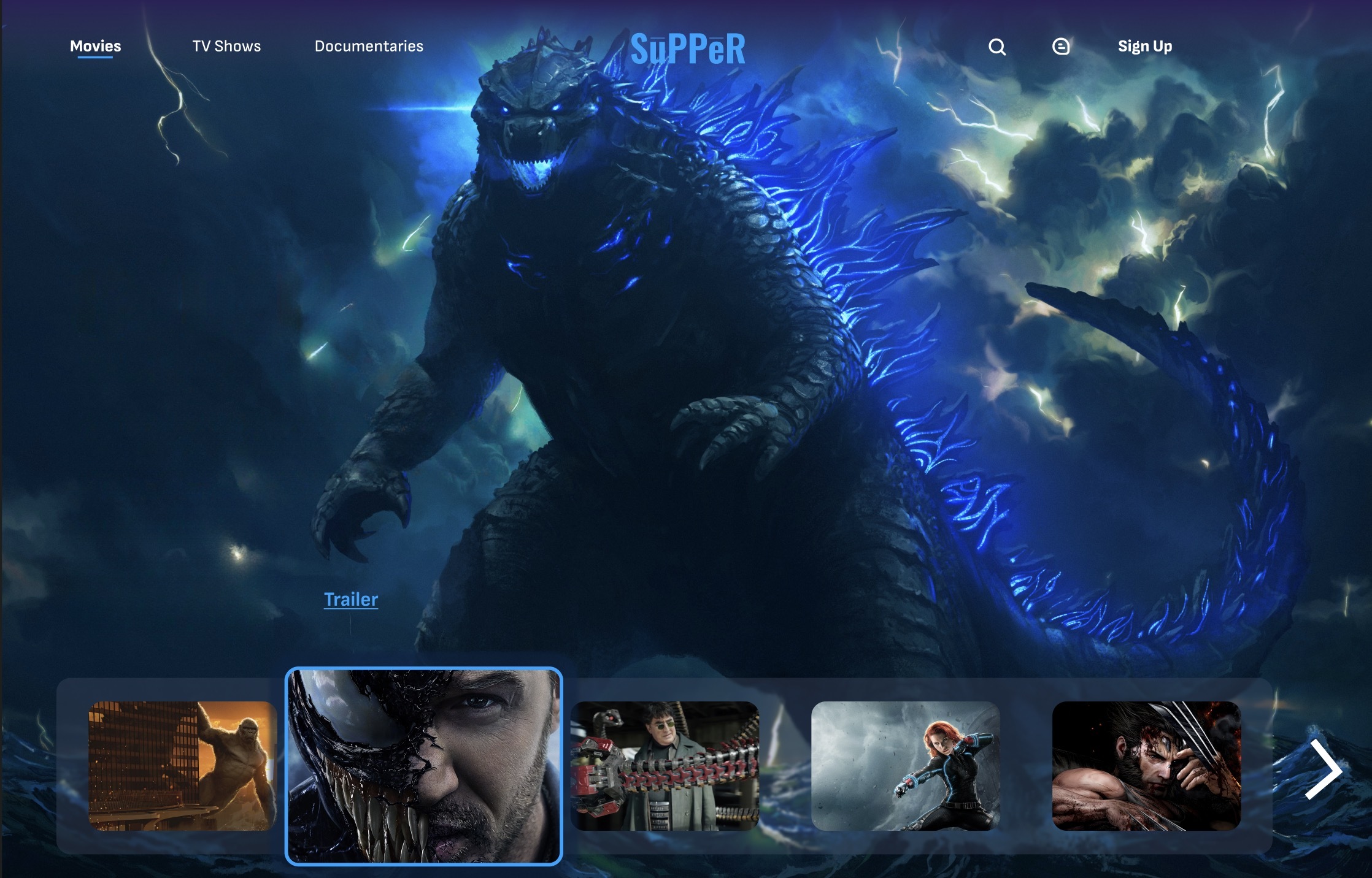 OTT streaming app home screen with a giant monster hero image and a row of movie thumbnails