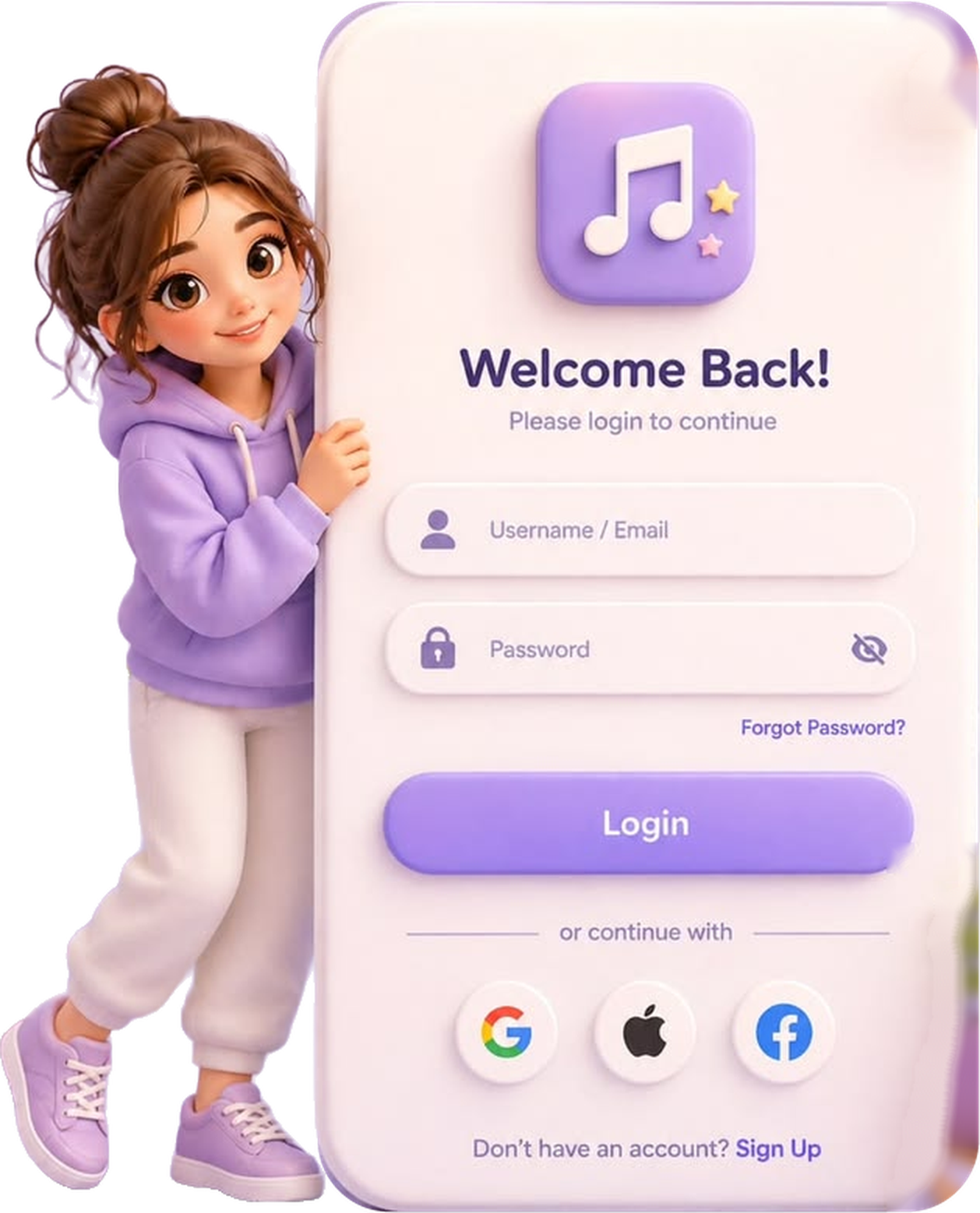 3D character leaning on a login screen with username, password, login button and Google, Apple and Facebook sign-in