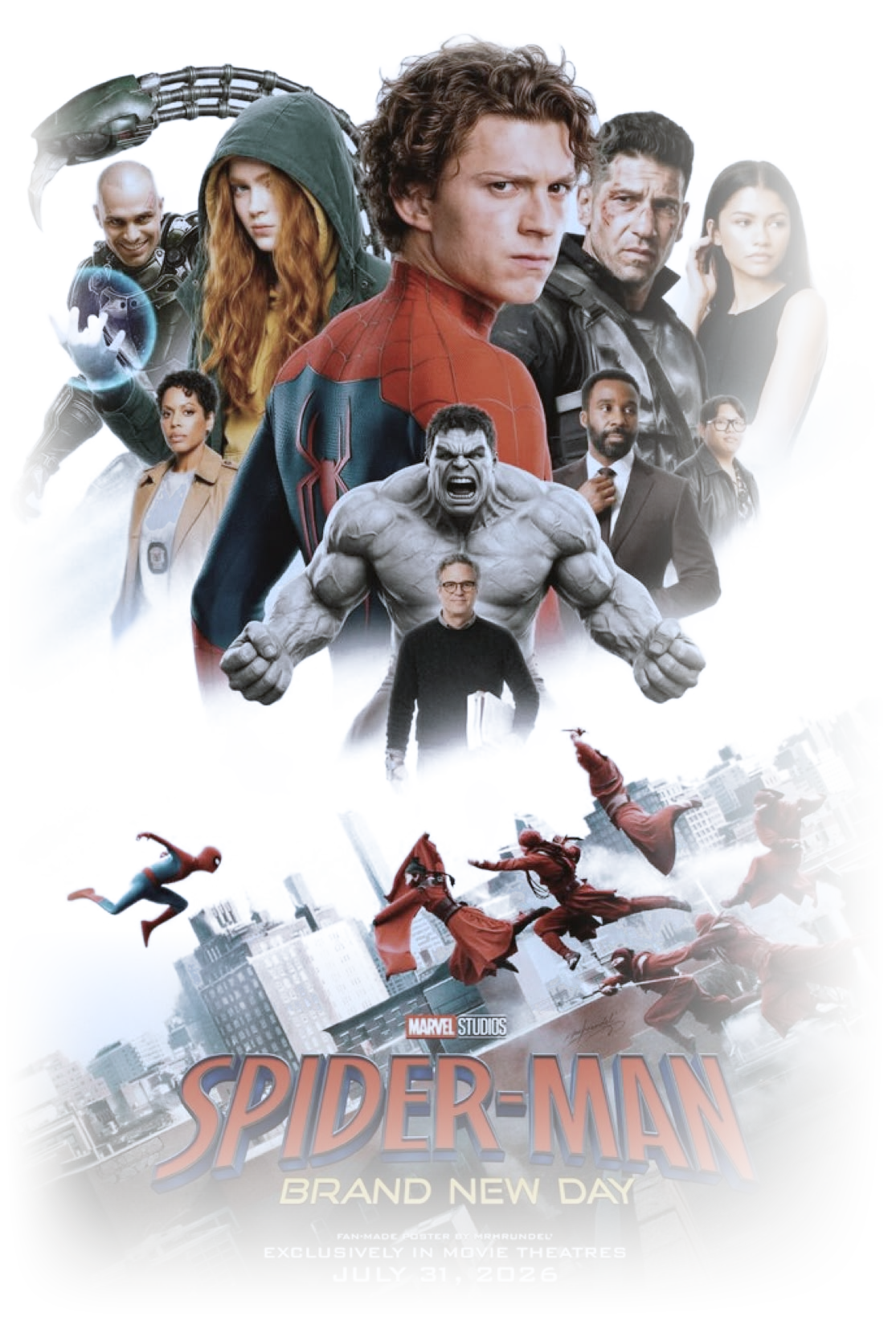 Movie poster collage with cast and rooftop action scene, blended into the background
