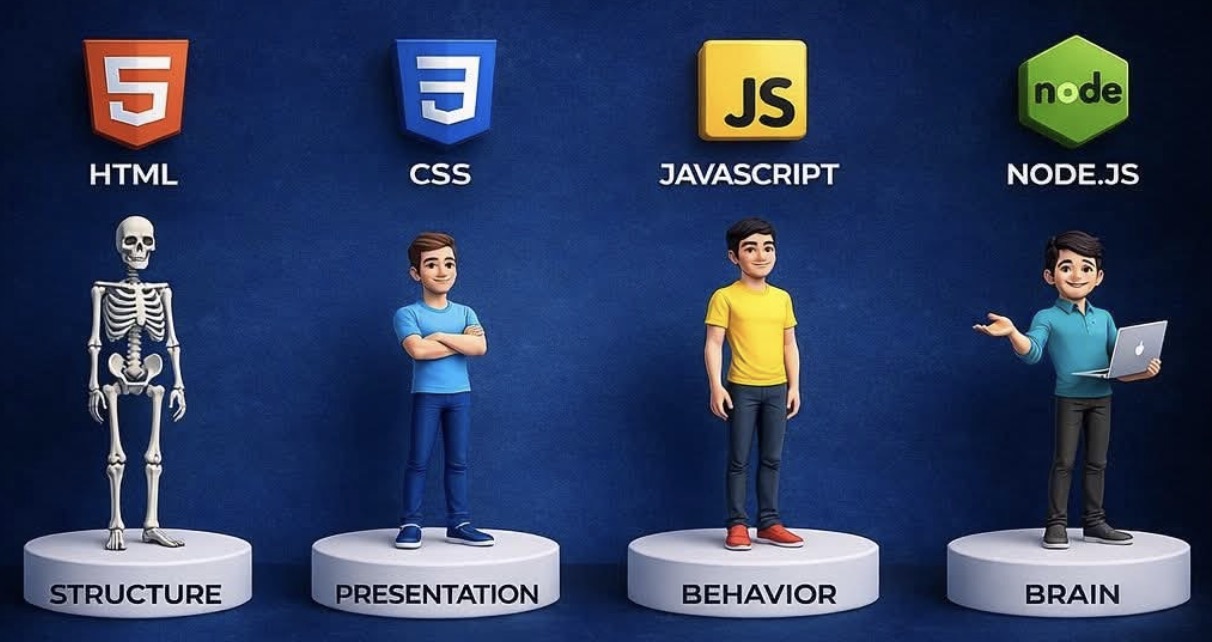 HTML, CSS, JavaScript and Node.js characters on podiums